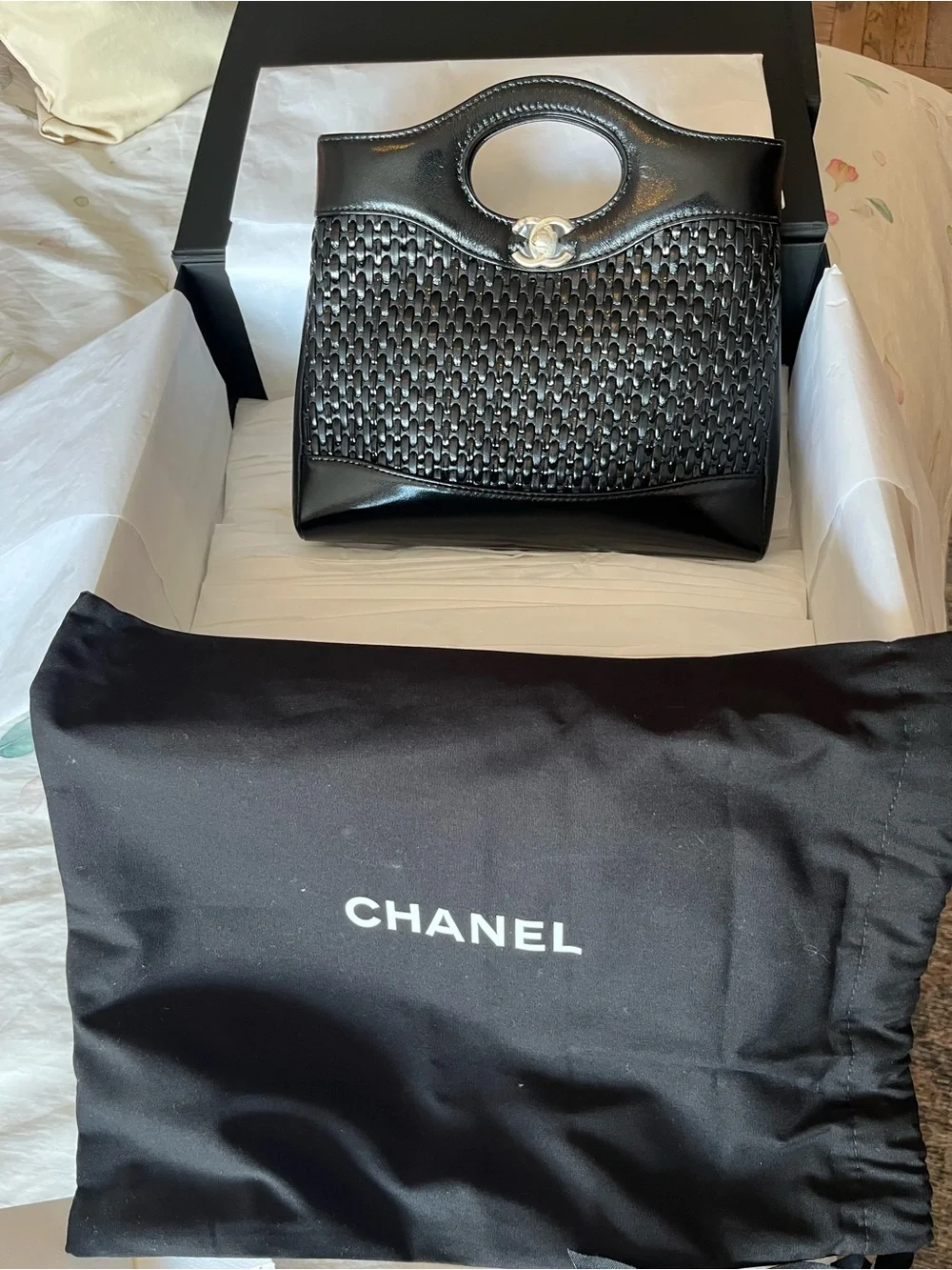 CHANEL Black Woven Leather Crossbody Tote